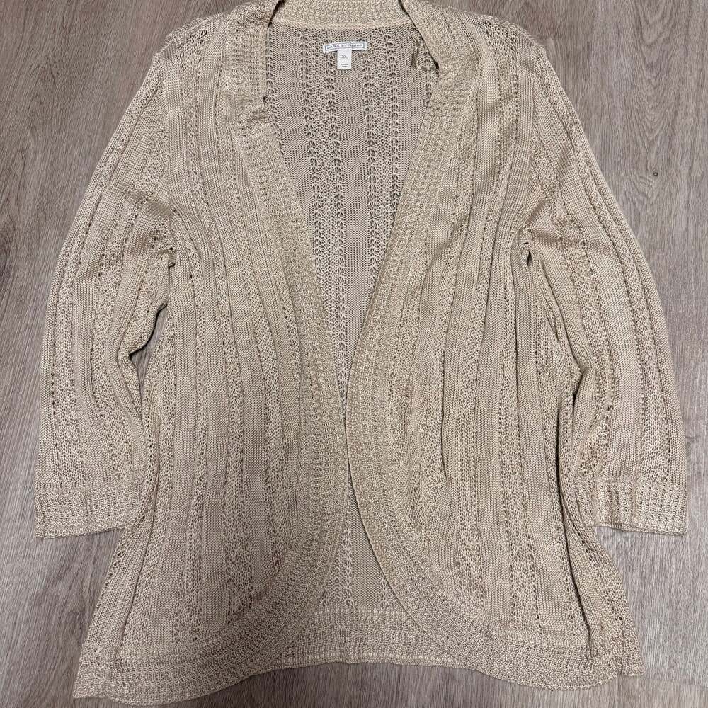 Dana Buchman Gold Metallic Knit Cardigan, 3/4 Sleeve Open Front Sweater, Size XL